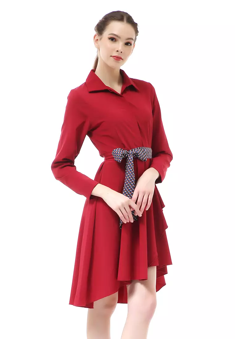 Rachel Dress Kemeja Wanita Lengan Panjang Pita Samping Material Twiscone ORIGINAL - Red