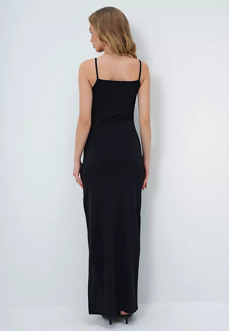 Buy Alacati Women's Black Ribbed Stitched Rope Strap Slit Long Dress ...
