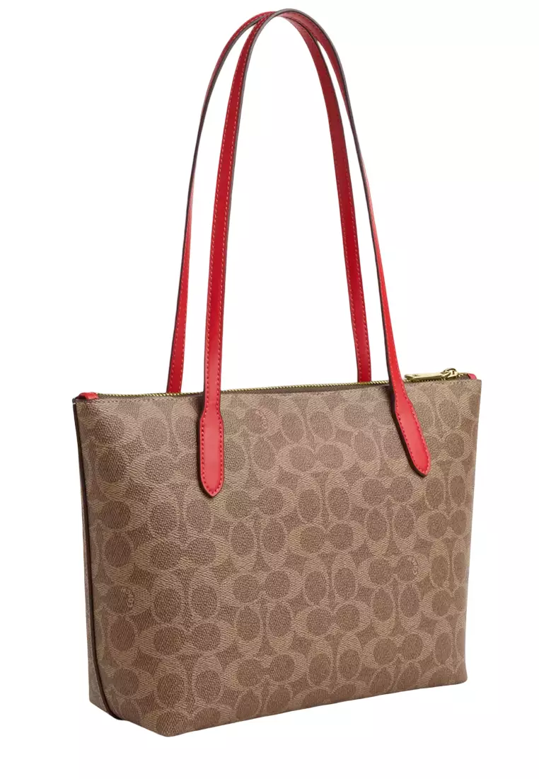 Fiona Zip Tote Bag In Signature Canvas - Tan/ Carnation CBT18