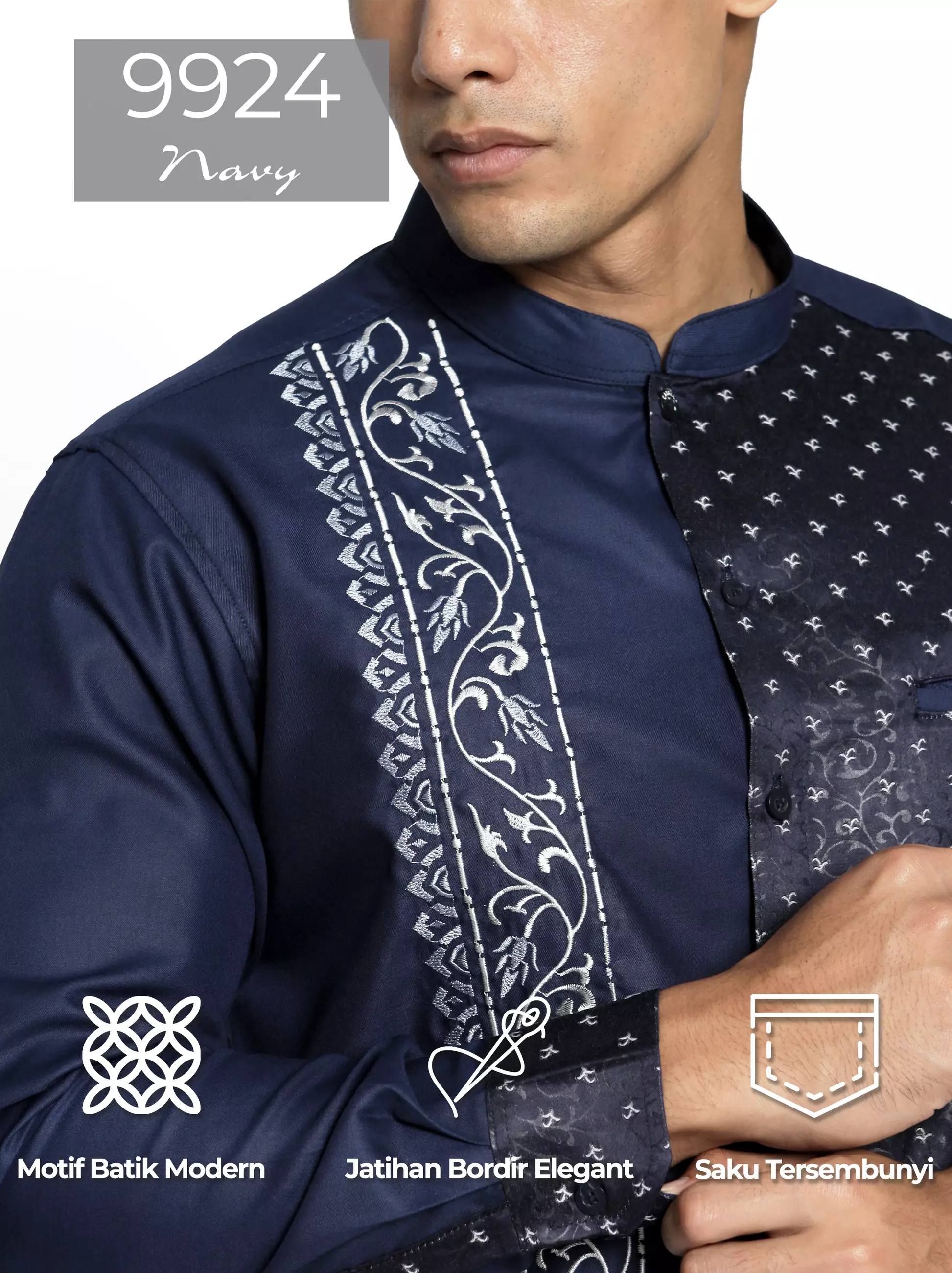 Casella Baju Koko Pria Lengan Panjang Premium | Baju Koko Batik Riyadh Arabesque 9924 Navy
