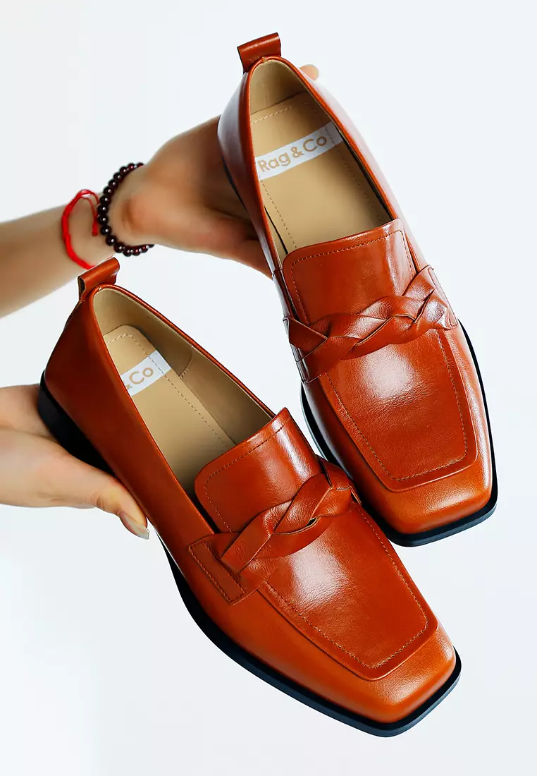 Cognac Soft Faux Leather Braided Loafers