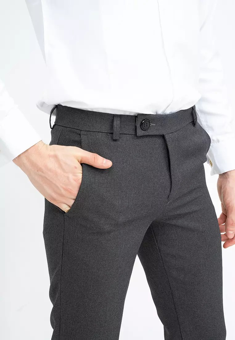 Celana panjang pria slim fit kerja formal button celana bahan stretch abu tua