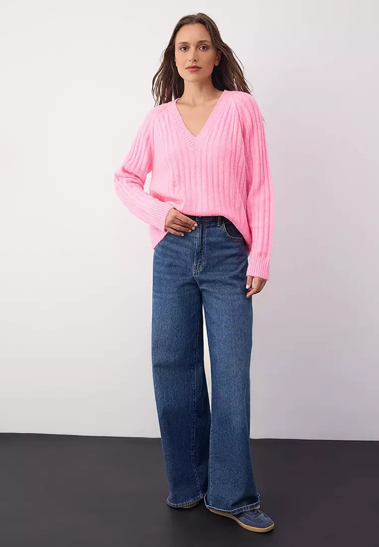 Wardrobe Essentials Pink Soft Textured Ribbed Knit Sweater