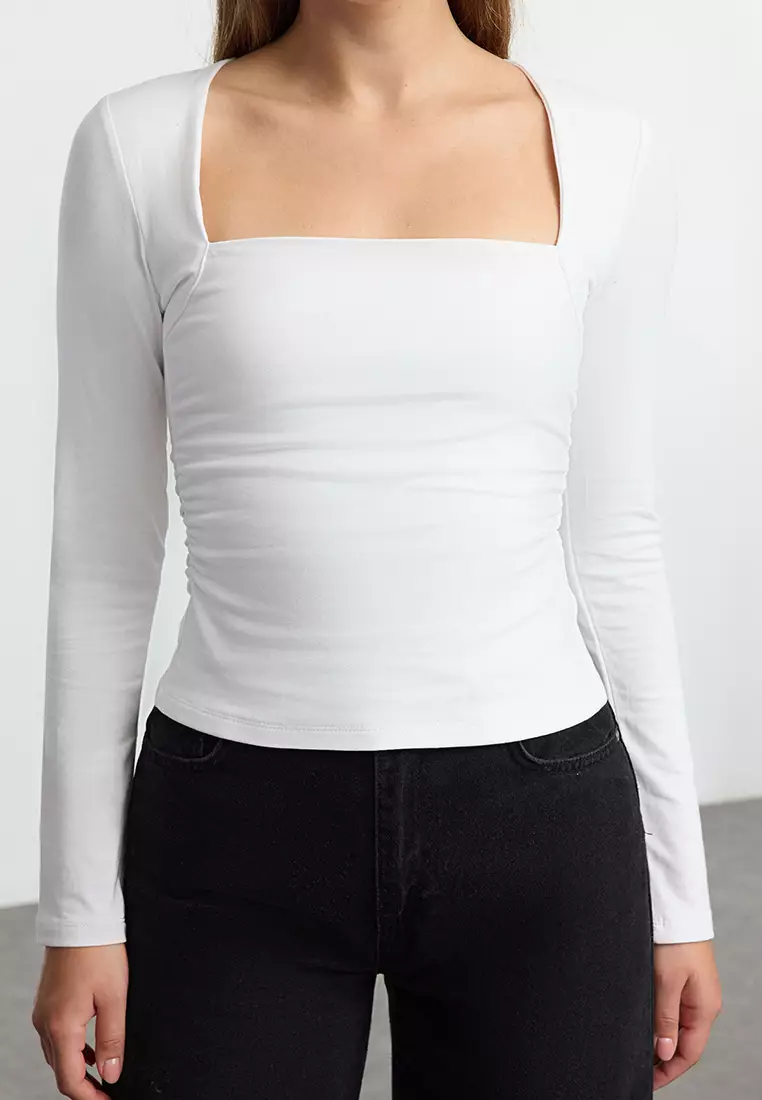 Ecru Square Neck Gathering/Drape Detailed Slim/Fitting Knitted Blouse TWOAW25BZ00194