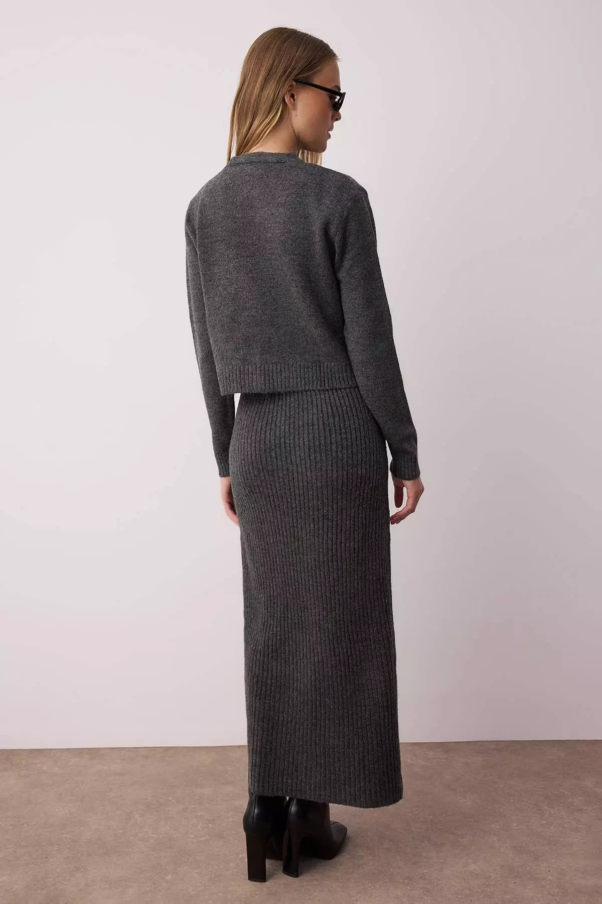 Anthracite Corded Soft Textured Knitwear Dress Cardigan Suit Tctaw25Us00049