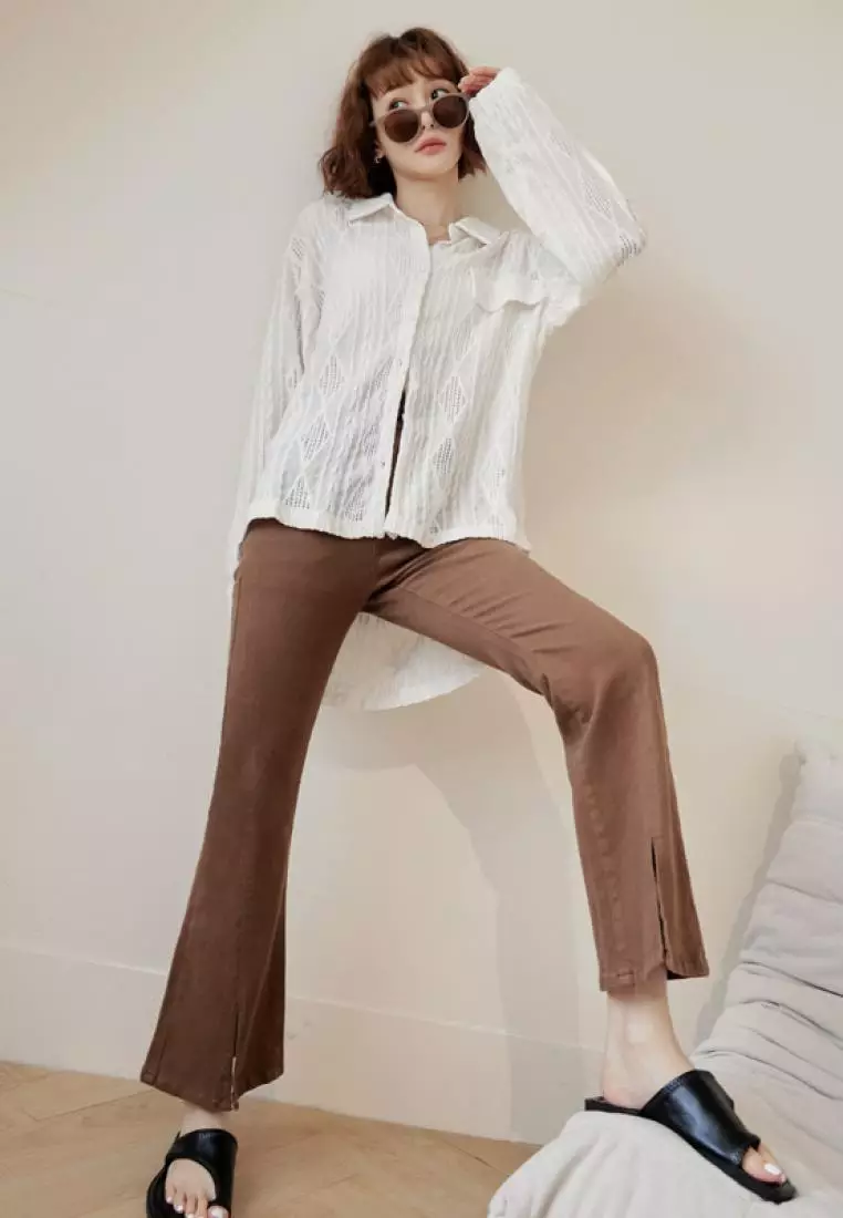 Micro-transparent Skin Texture Solid Color Long Sleeve Shirt [AB19007]