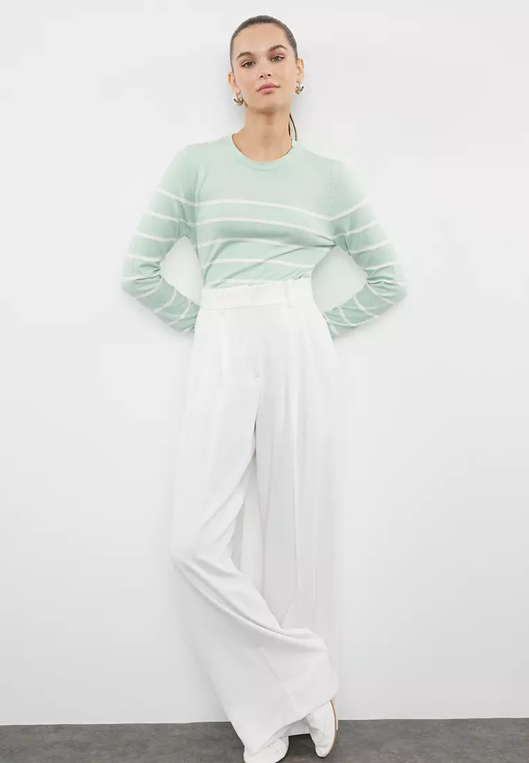 Mint Mercerized Look Premium Yarn / Special Yarn Striped Knitwear Sweater TWOAW23KZ01693