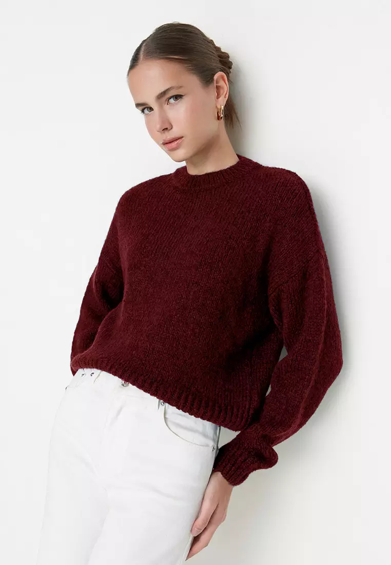 Burgundy Wide Fit Soft Textured Basic Knitwear Sweater