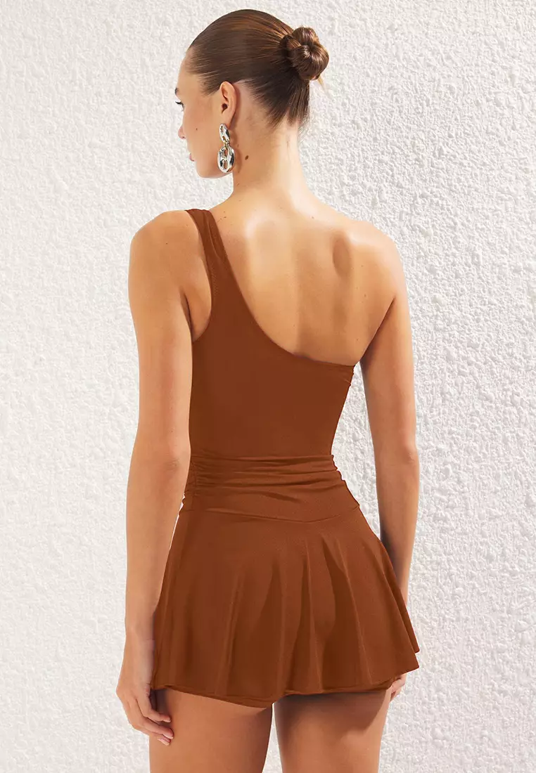Brown One Shoulder Skirt Shorts Swimsuit