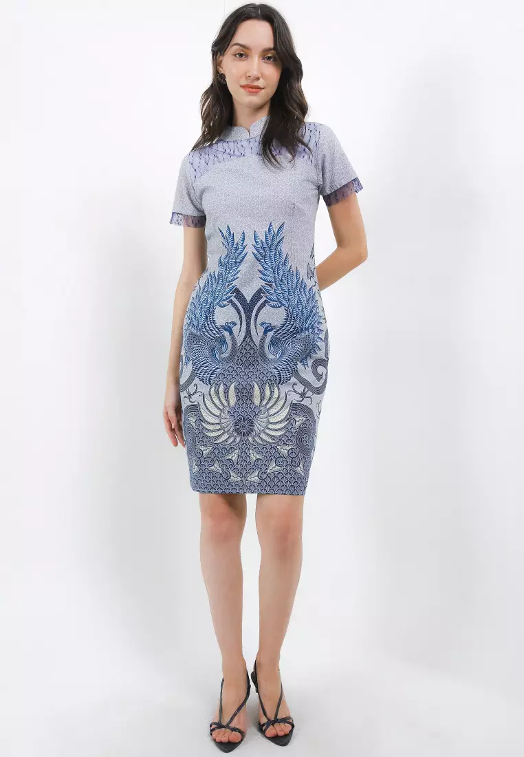 Dress Wanita Bodyfit Batik Furing Lining Zikia Blue