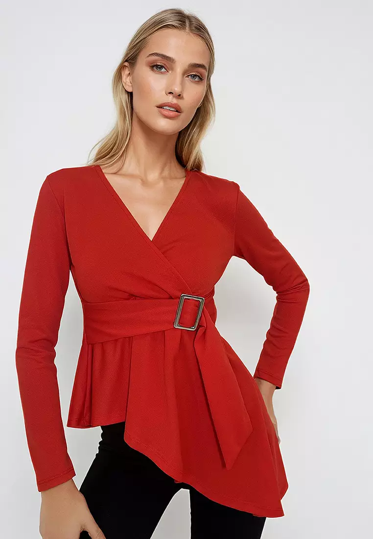 V-Neck Asymmetrical Cut Belt Double Breasted Blouse