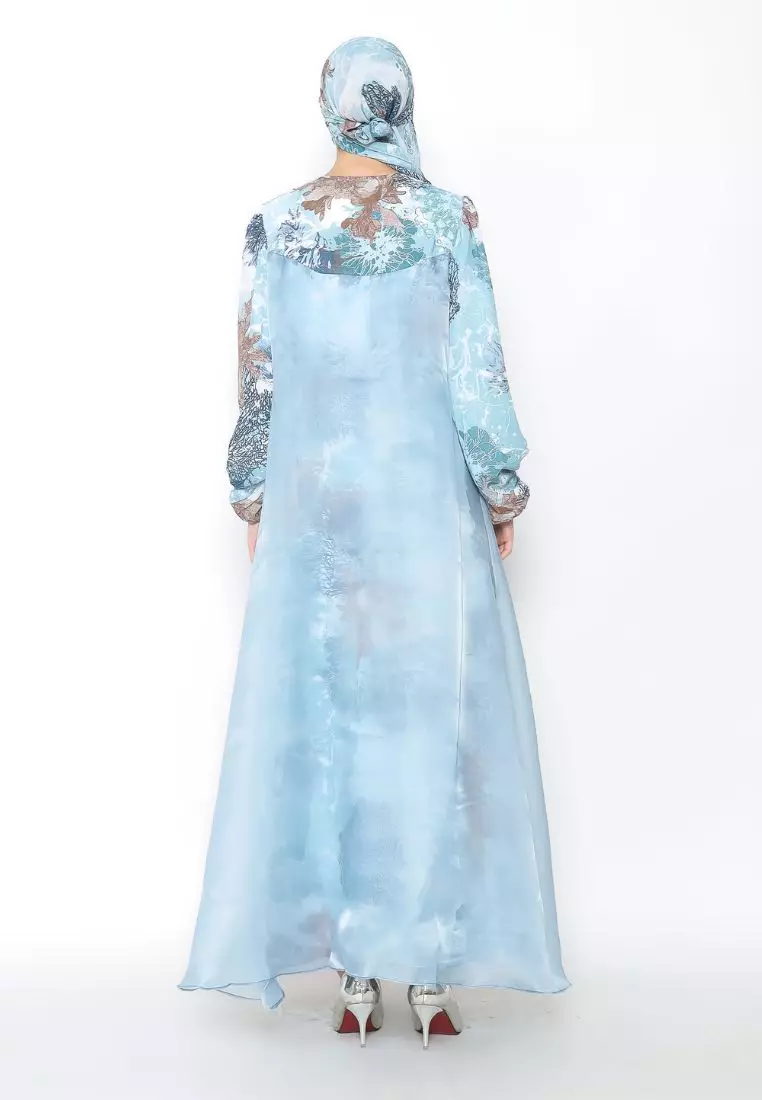 Rinjanie x Senorita  - Gamis Rosslen Biru Muda - Gamis Set Scarf Raya - Gamis Set - Gamis Printing Mix Organza - Dress Raya - Dress mix organza - GMKY - BR