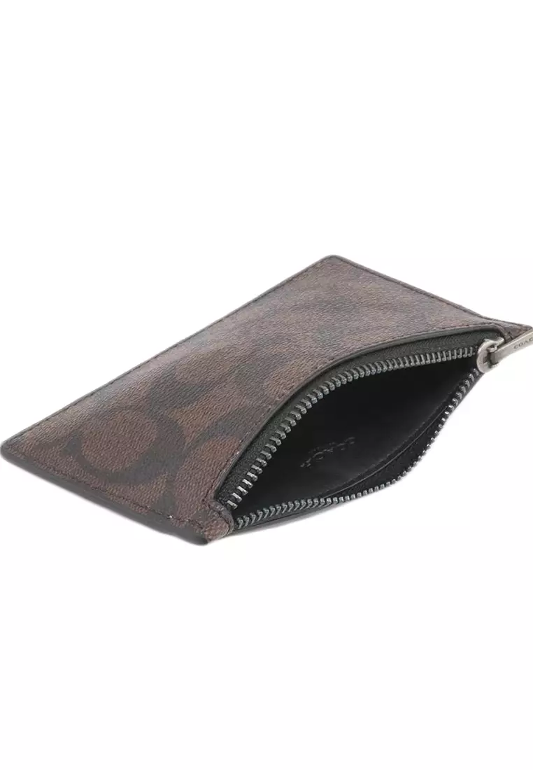Zip Card Case In Blocked Signature Canvas - Brown