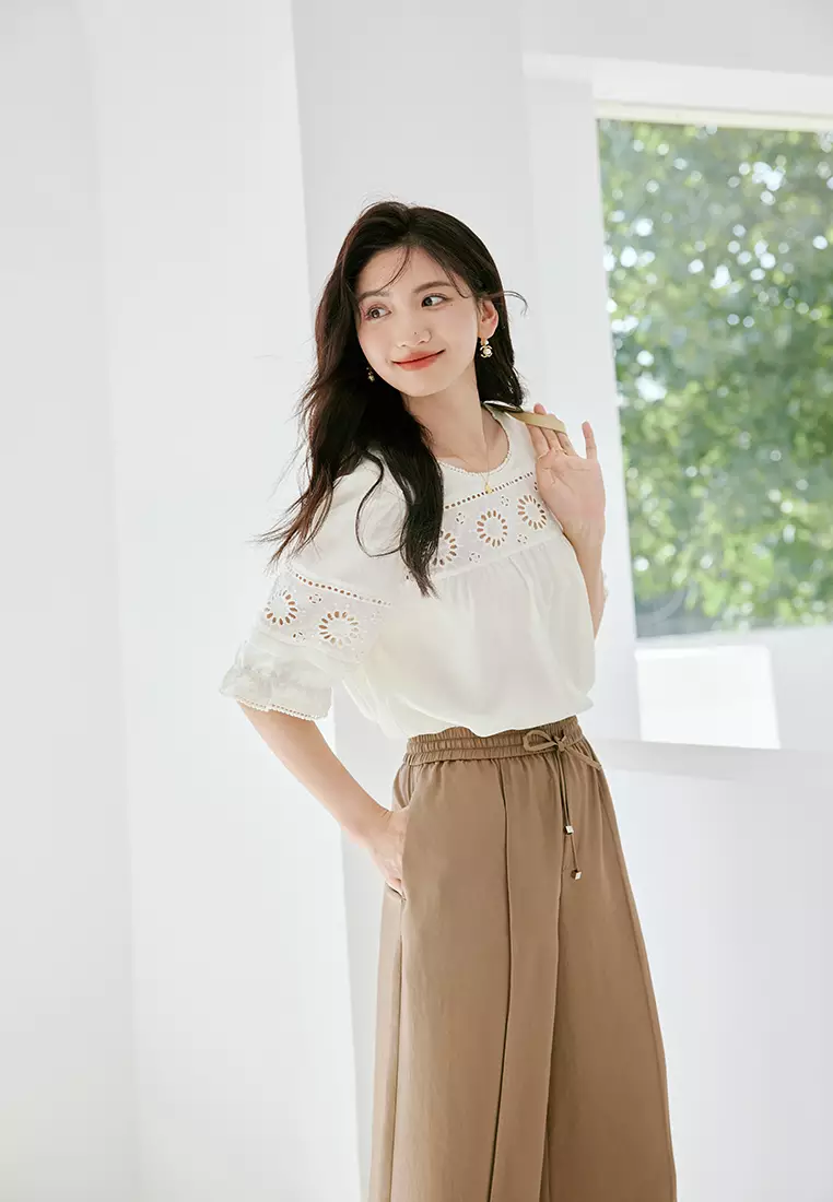 Puff Sleeve Casual Blouse with Embroidery