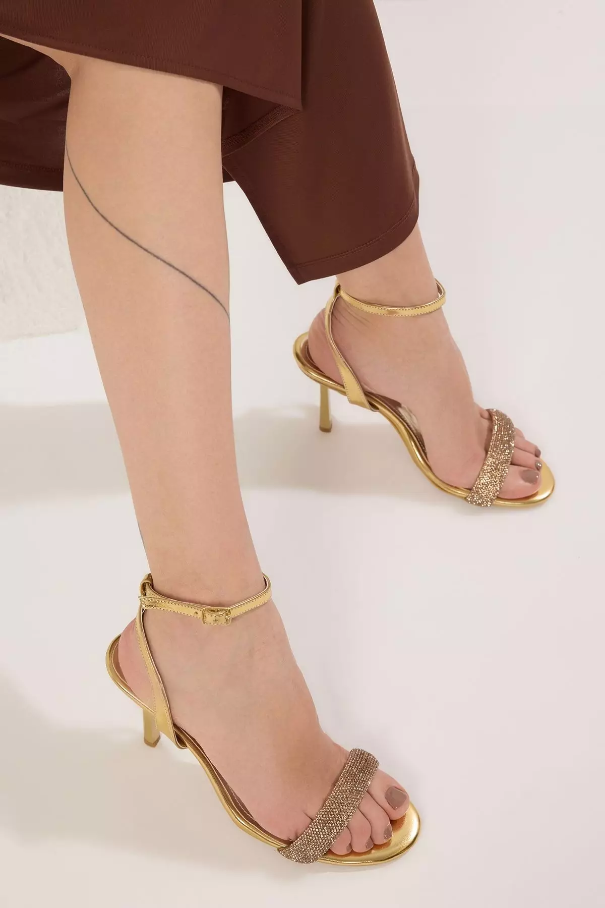 Gold Rhinestone Almond Toe Women's Evening Dress Thin Heeled Sandals Takss25To00049