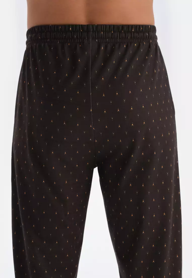 Dark Brown Shirt & Trousers Knitwear Set, Micro Print, Shirt Collar, Regular Fit, Long Leg, Long Sleeve Sleepwear for Men