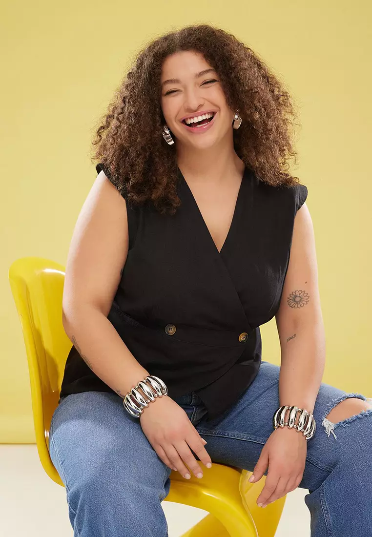 Black 100% Cotton Button Woven Oversize Blouse Tbbss25Af00021