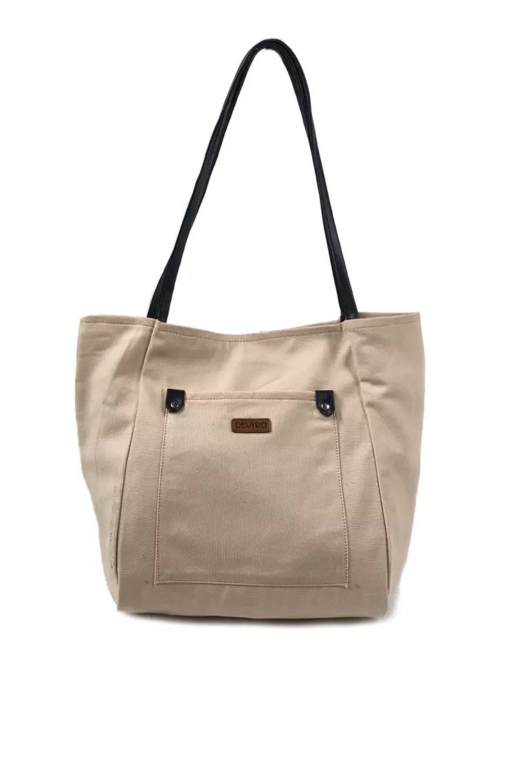 Jual Ceviro Tas wanita Tote Bag CEVIRO Kiano Ivory Kanvas Stylish Tote