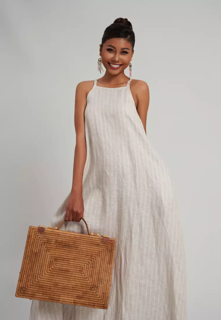 STRIP LINEN MIDI DRESS