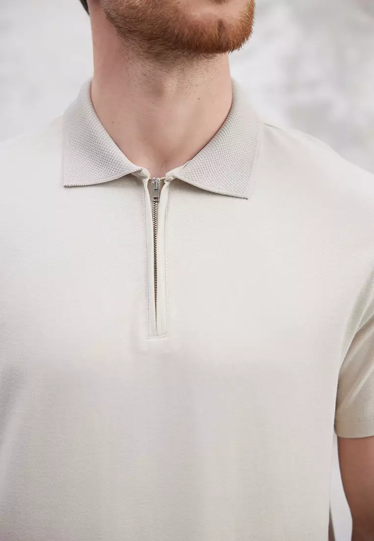 Stone Regular/Normal Cut Zippered 100% Cotton Polo Neck T-Shirt