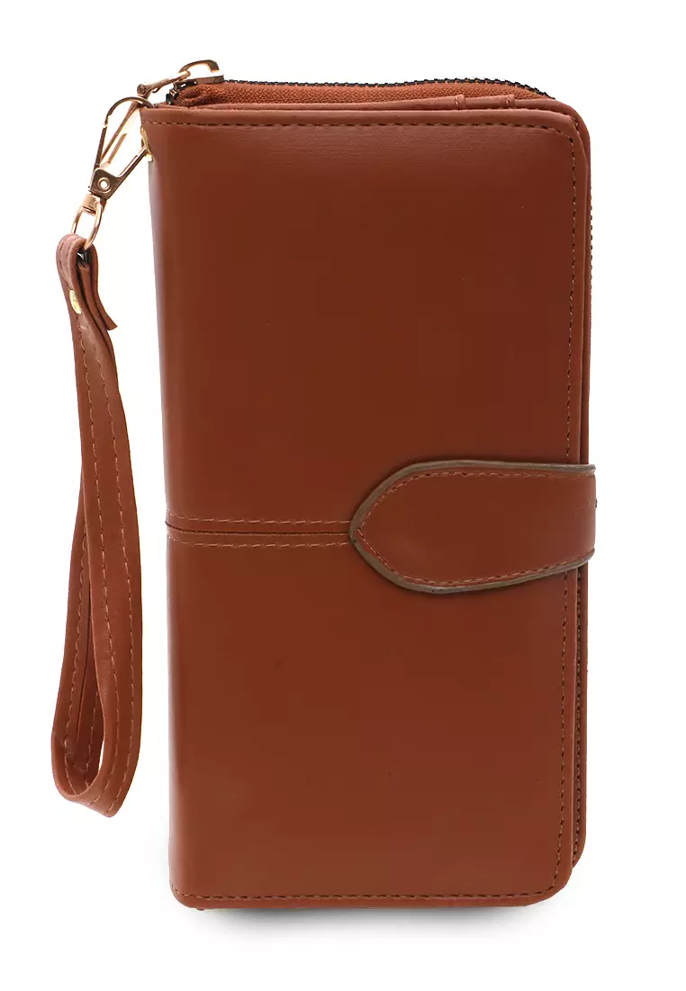 Dompet Leather Wanita Design Casual Long Wallet Soft Large Capacity Free Tali Tangan - Coklat