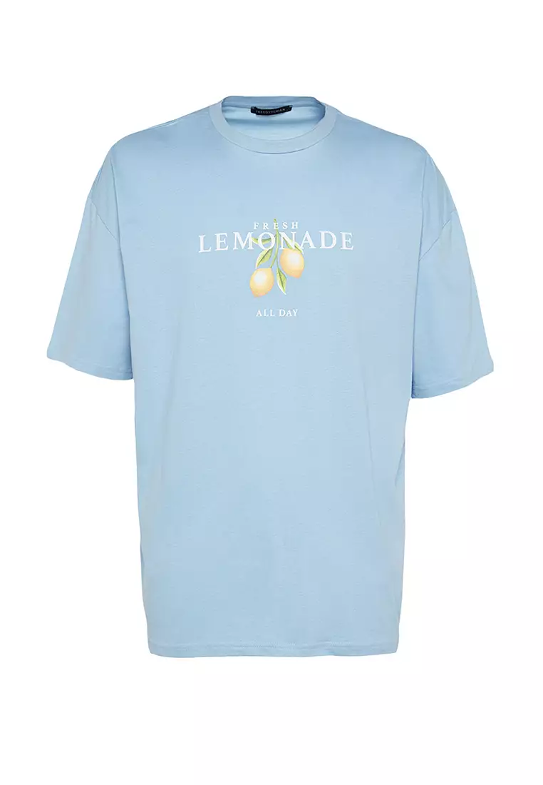 Light Blue Unisex Oversized/Wide Cut Crew Neck Short Sleeve Printed T-Shirt