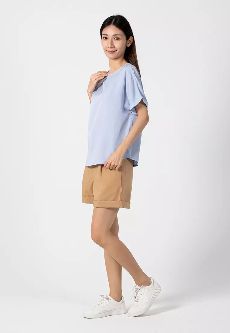 Forest Ladies Rayon Lyocell Casual Plain Blouse Women Short Sleeve Blouse - 822416-32LtBlue