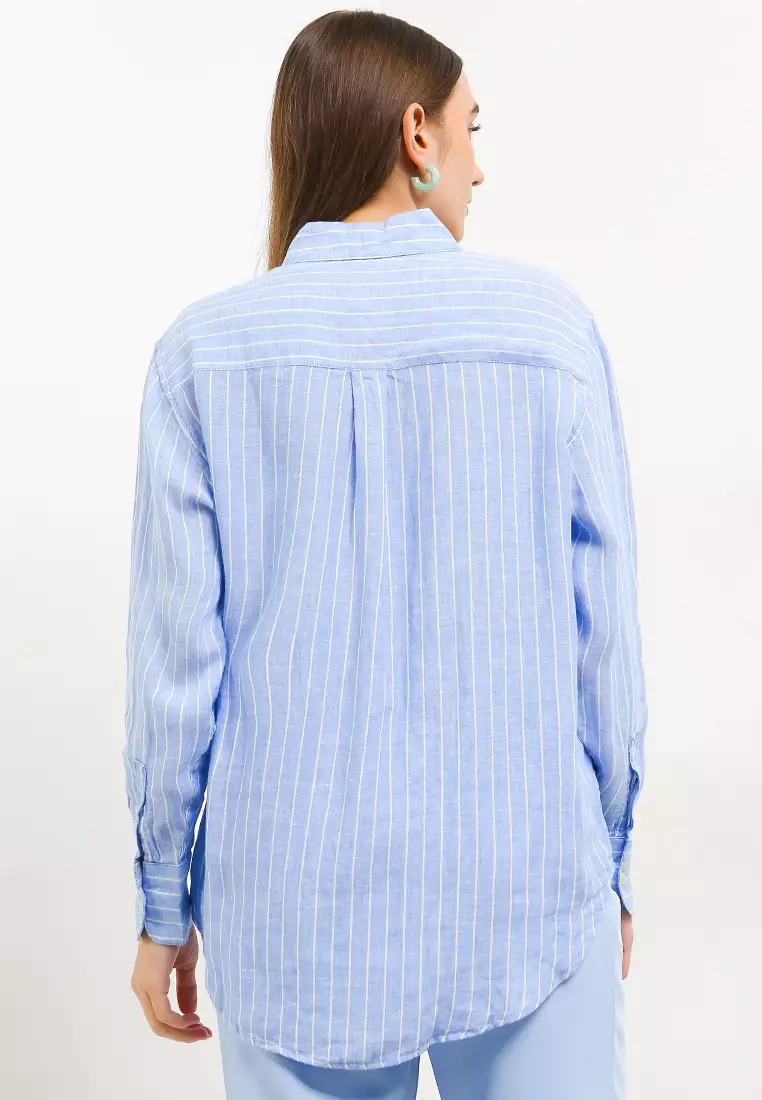 Marks and Spencer. Pure linen stripe. Oversized shirt. Red and blue. 2x /xl ...
