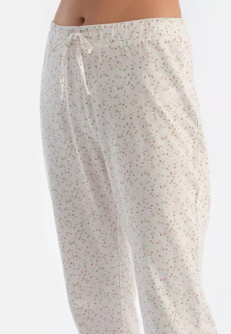 2-Pack Ecru-Pink Trousers, Floral Print, Regular Fit, Sleepwear for Women