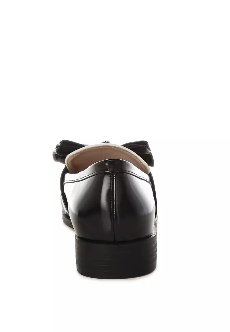 Sepatu Loafer Chunky Bow Klasik Warna Hitam/Putih