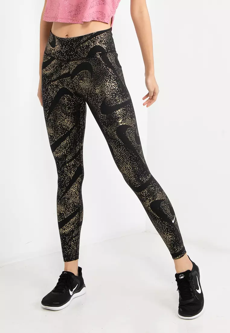 Nike One Women's Black Gold Glitter Mid R Printed Leggings (DX6389-010) 1X/ 2X/3X