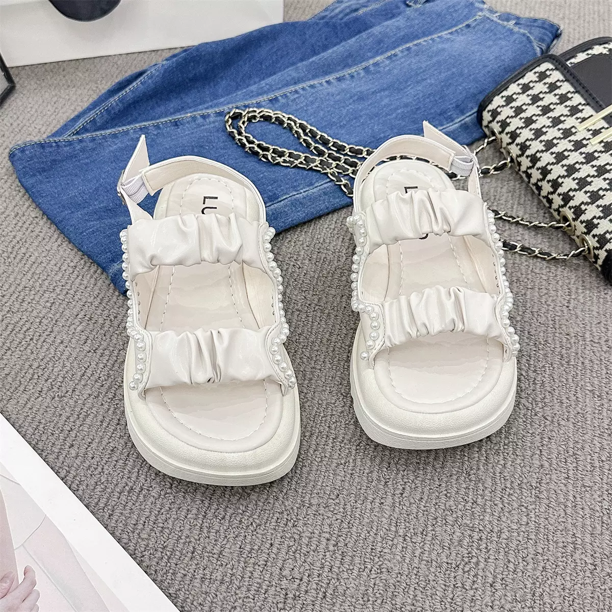 Sandal Flat Kaki Lebar Motif Mutiara Wanita Sendal Cewek WL210