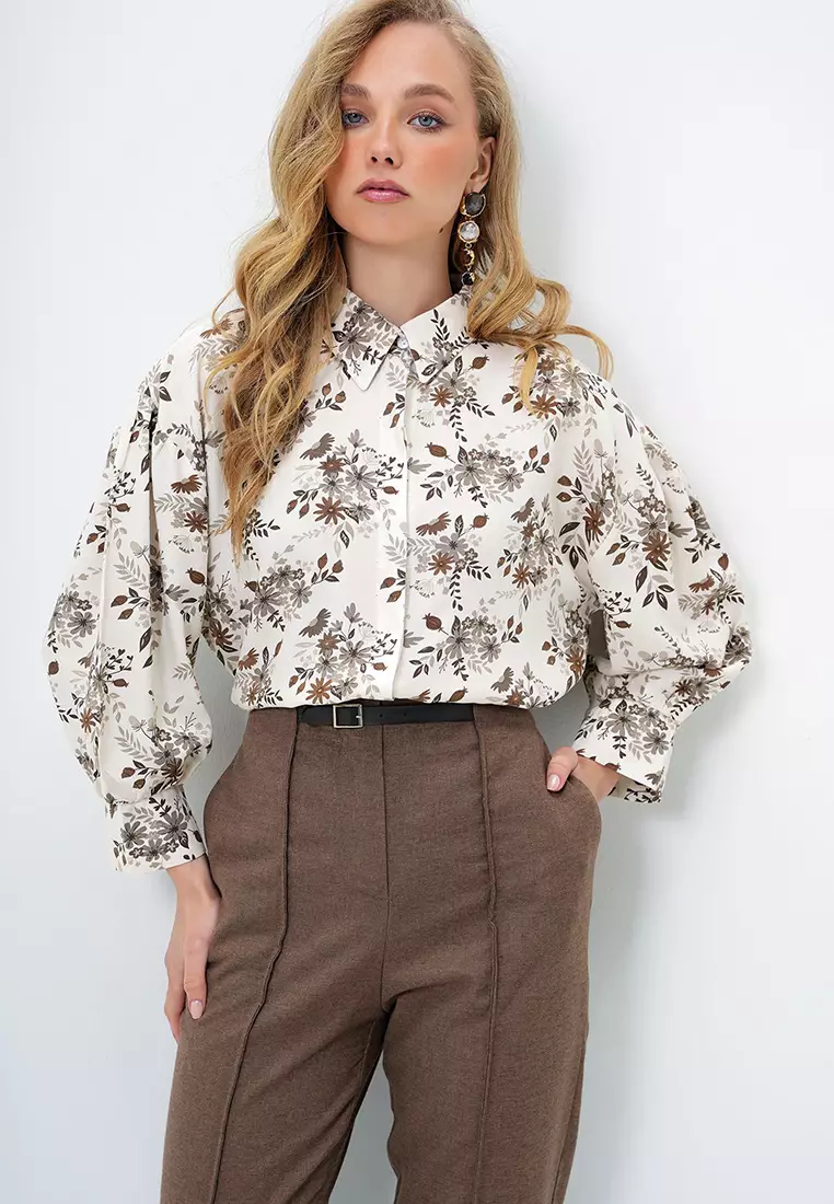 Women's Brown Floral Balloon Sleeve Patterned Printed Viscon Woven Shirt Alc-X9654