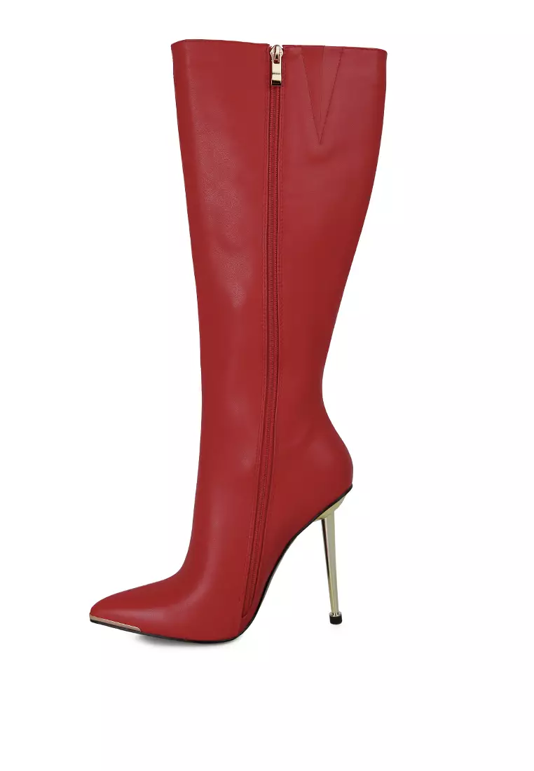 Red Faux Leather Pointed Heel Calf Boots