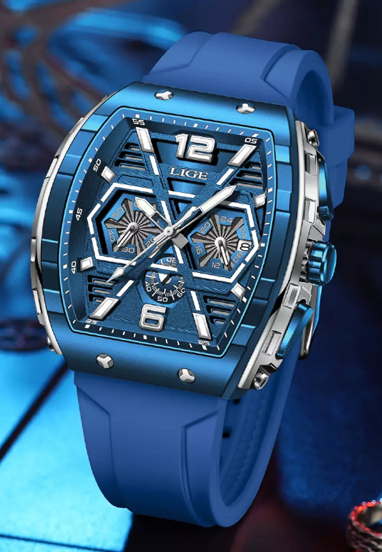 Unisex Tonneau Shaped IP Blue Quartz Watch on Rubber Strap