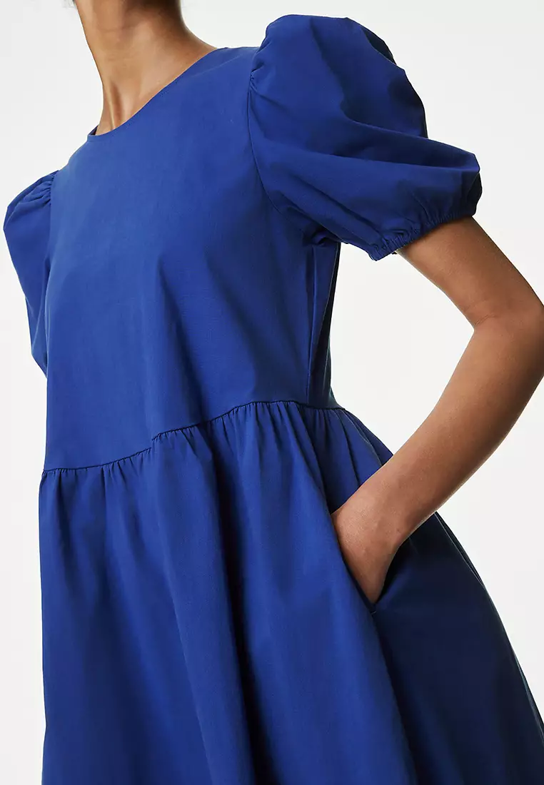 Cotton Rich Puff Sleeve Midi Column Dress