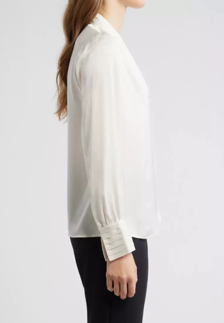 Pleat Front V-Neck Button-Up Shirt