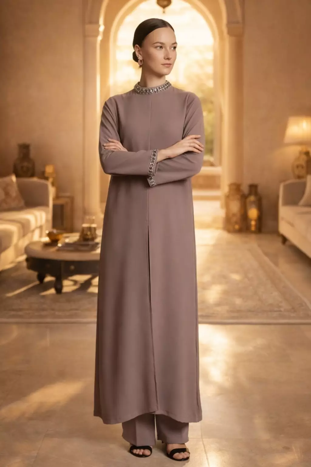 Demure Signature - Demure Dress Set in Frusan Silk Brown top and bottom- SET