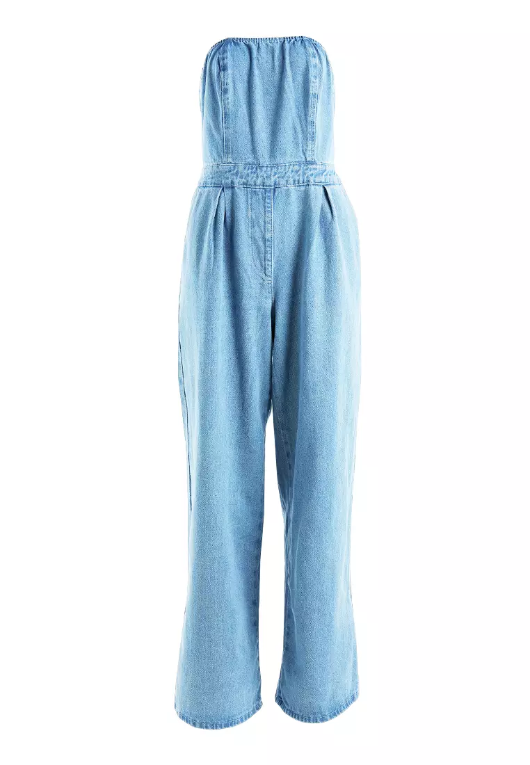 Blue Strapless Back Zipper Denim Jumpsuit