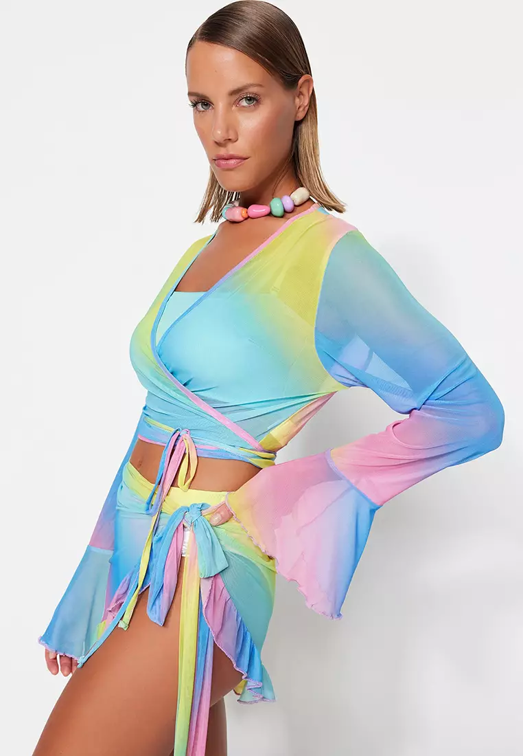 Gradient Patterned Knitted Tied Mesh Blouse Skirt Set
