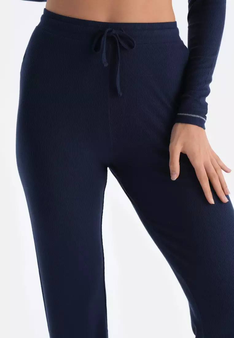 Navy T-Shirt & Trousers Set, V-Neck, Regular Fit, Long Sleeve Sleepwear for Women
