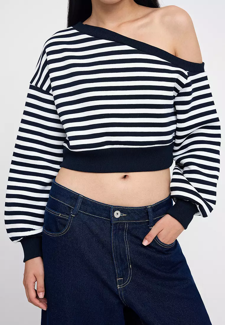 Teen Navy Blue Striped Regular Pattern Polar Fleece Crop Asymmetric Collar Knitted Sweatshirt Twoaw25Sw00143