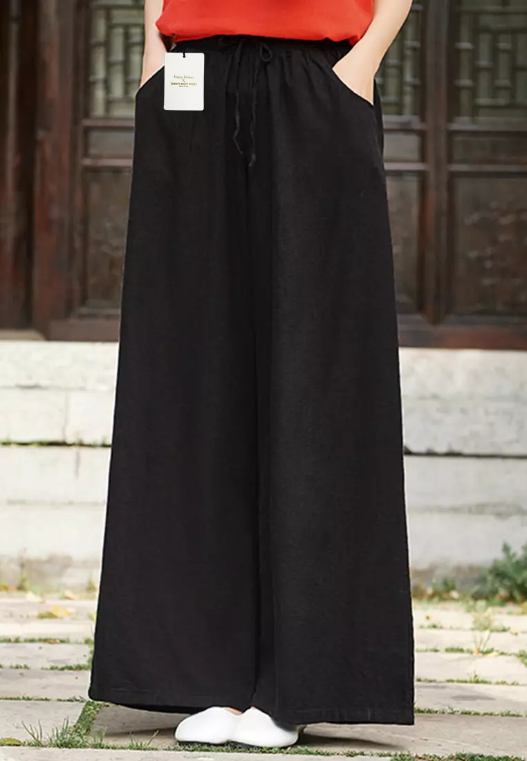 Drawstring Waist Linen Wide-leg Pants BXF2363