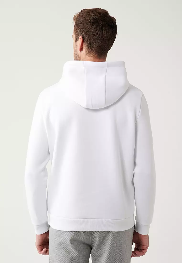 Men's White Hooded 3 Thread Raised Kangaroo Pocket Sweatshirt A32Y1193