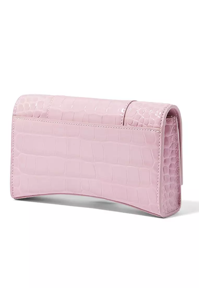 Balenciaga Hourglass Shiny Crocodile Embossed Chain Wallet in Pink
