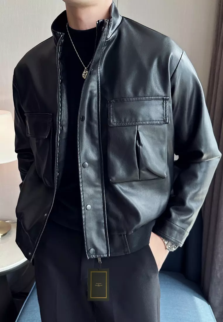 Men's Faux Leather Stand Collar Jacket MJ6803