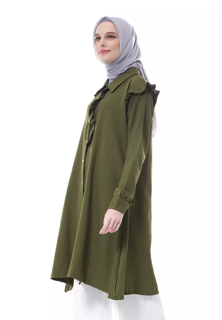 Zemira Tunik Atasan Wanita Motif Polos Long Sleeve - Army