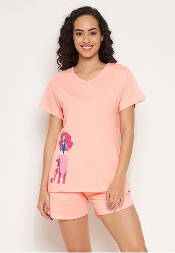 Clovia pink Clovia Leo Print Top & Shorts Set in Salmon Pink - 100% Cotton 206D5AAA315507GS_1