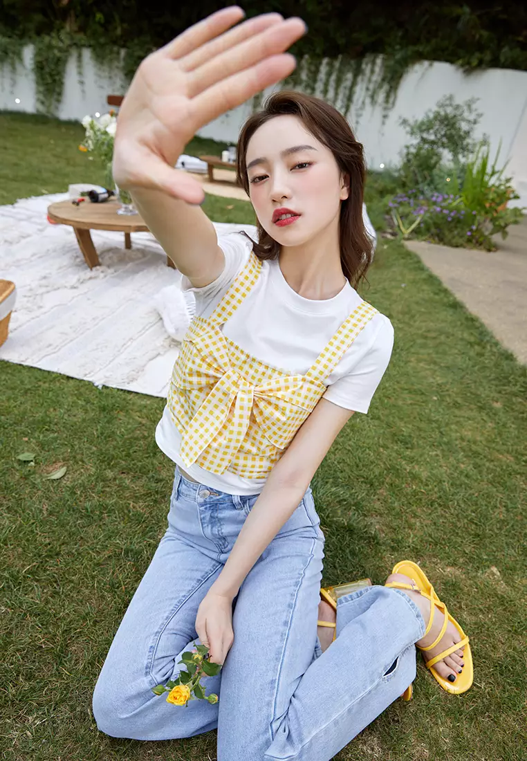 Round Neck Tee with Checkered Tank Top