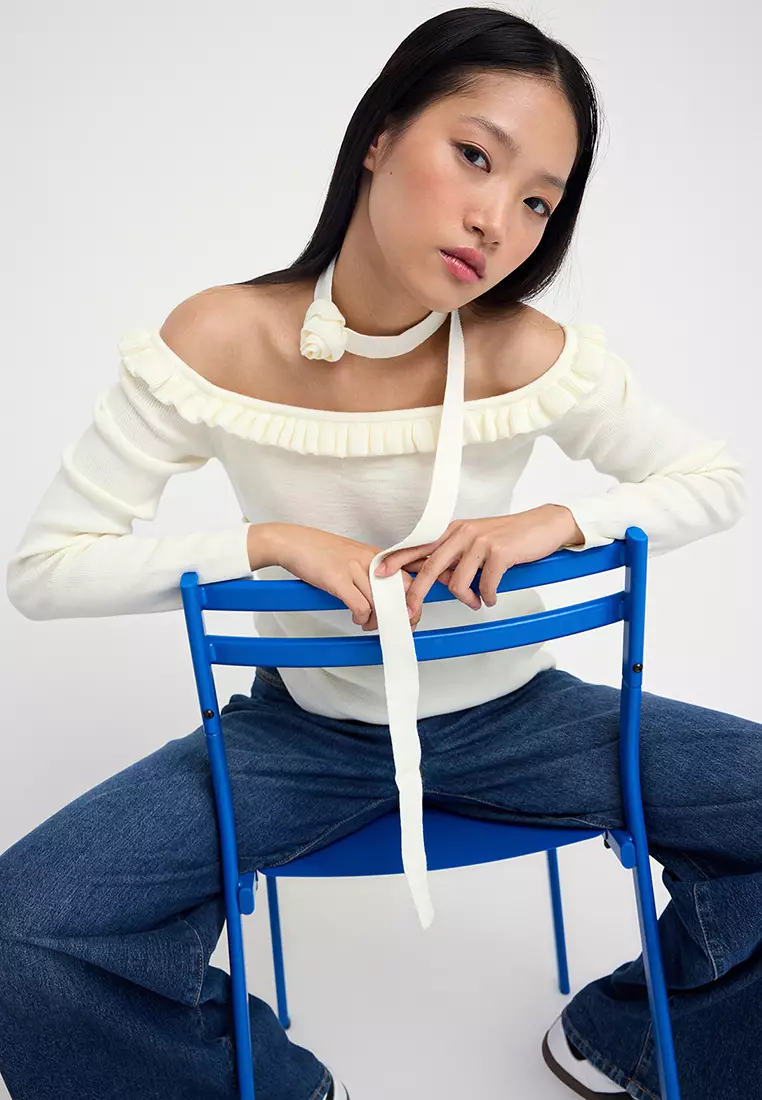 Teen Ecru Carmen Rose Collar Scarf Accessory Knitwear Body Sweater